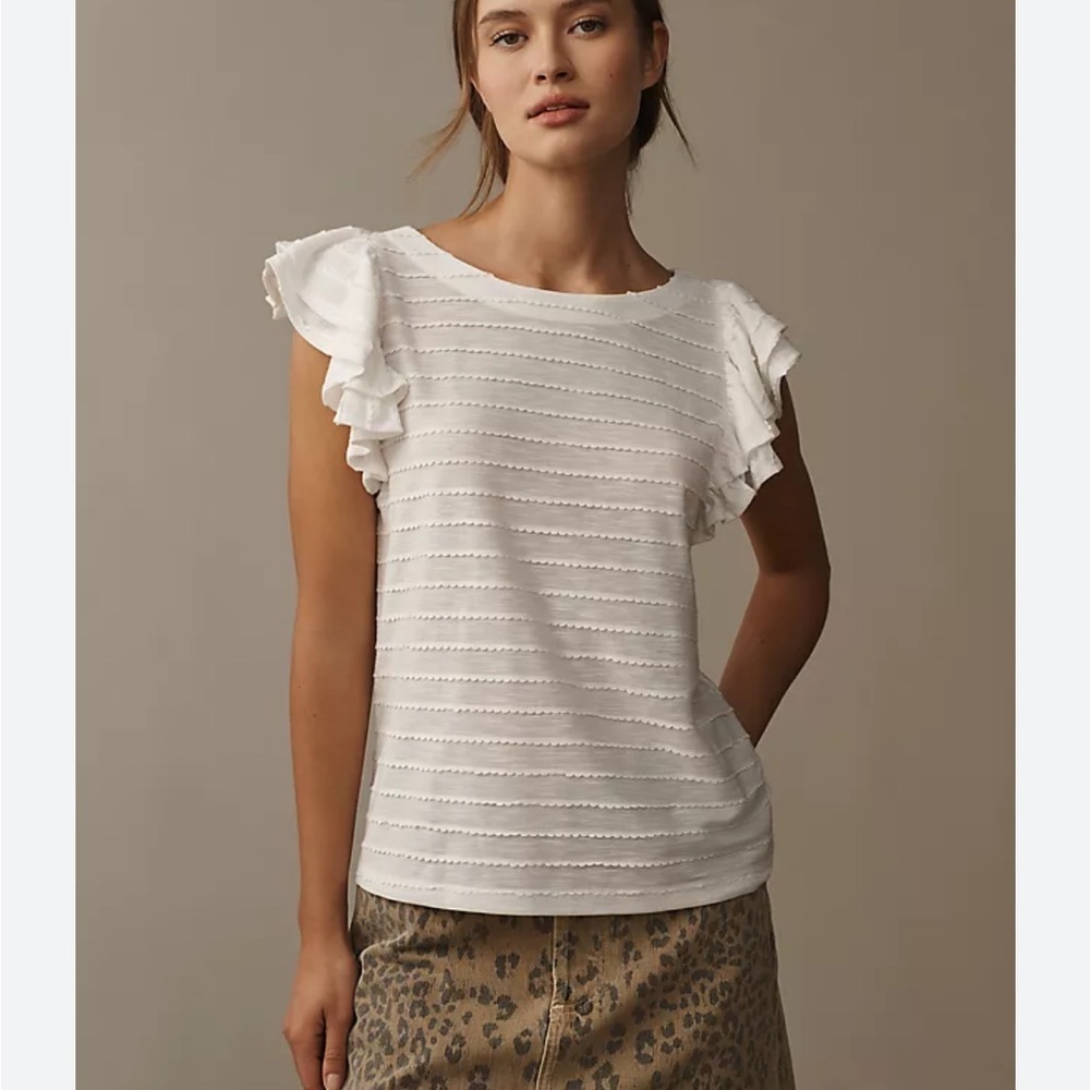 Anthropologie Flutter Sleeve Top White Pullover Shirt Short Sleeve Ribbed Sz XS